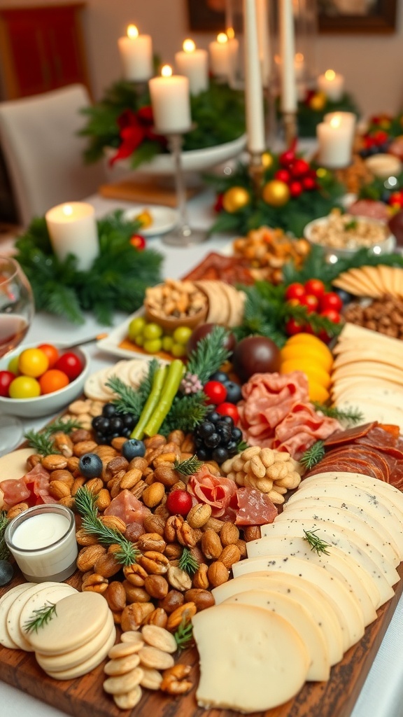 A festive Christmas food presentation with a charcuterie board, fruits, and desserts on a decorated table.